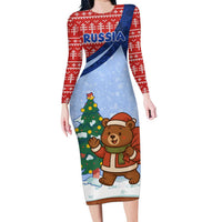 Russia Christmas Long Sleeve Bodycon Dress with Santa Bear Gift Box Christmas Tree and Red Snowflake - Wonder Print Shop