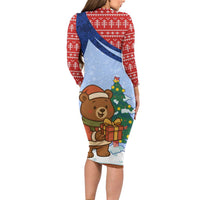 Russia Christmas Long Sleeve Bodycon Dress with Santa Bear Gift Box Christmas Tree and Red Snowflake - Wonder Print Shop