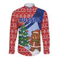 Russia Christmas Long Sleeve Button Shirt with Santa Bear Gift Box Christmas Tree and Red Snowflake - Wonder Print Shop