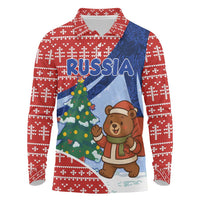 Russia Christmas Long Sleeve Polo Shirt with Santa Bear Gift Box Christmas Tree and Red Snowflake - Wonder Print Shop