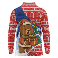 Russia Christmas Long Sleeve Polo Shirt with Santa Bear Gift Box Christmas Tree and Red Snowflake - Wonder Print Shop