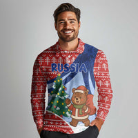 Russia Christmas Long Sleeve Polo Shirt with Santa Bear Gift Box Christmas Tree and Red Snowflake - Wonder Print Shop