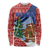 Russia Christmas Long Sleeve Shirt with Santa Bear Gift Box Christmas Tree and Red Snowflake - Wonder Print Shop