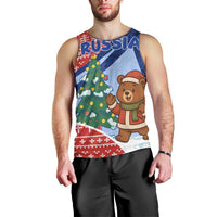 Russia Christmas Men Tank Top with Santa Bear Gift Box Christmas Tree and Red Snowflake - Wonder Print Shop