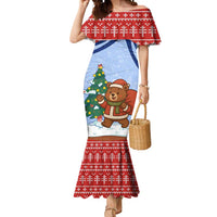 Russia Christmas Mermaid Dress with Santa Bear Gift Box Christmas Tree and Red Snowflake - Wonder Print Shop