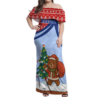 Russia Christmas Off Shoulder Maxi Dress with Santa Bear Gift Box Christmas Tree and Red Snowflake - Wonder Print Shop