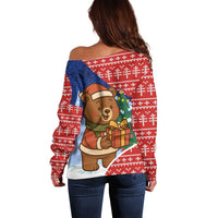 Russia Christmas Off Shoulder Sweater with Santa Bear Gift Box Christmas Tree and Red Snowflake - Wonder Print Shop