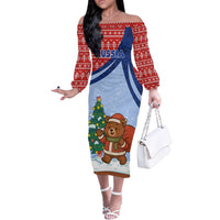 Russia Christmas Off The Shoulder Long Sleeve Dress with Santa Bear Gift Box Christmas Tree and Red Snowflake - Wonder Print Shop