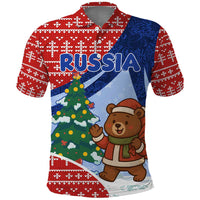 Russia Christmas Polo Shirt with Santa Bear Gift Box Christmas Tree and Red Snowflake - Wonder Print Shop