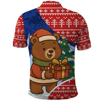 Russia Christmas Polo Shirt with Santa Bear Gift Box Christmas Tree and Red Snowflake - Wonder Print Shop