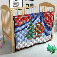 Russia Christmas Quilt with Santa Bear Gift Box Christmas Tree and Red Snowflake - Wonder Print Shop