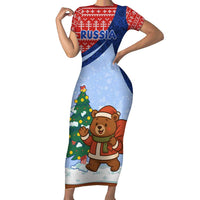 Russia Christmas Short Sleeve Bodycon Dress with Santa Bear Gift Box Christmas Tree and Red Snowflake - Wonder Print Shop