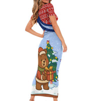 Russia Christmas Short Sleeve Bodycon Dress with Santa Bear Gift Box Christmas Tree and Red Snowflake - Wonder Print Shop