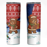 Russia Christmas Skinny Tumbler with Santa Bear Gift Box Christmas Tree and Red Snowflake - Wonder Print Shop