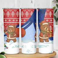 Russia Christmas Skinny Tumbler with Santa Bear Gift Box Christmas Tree and Red Snowflake - Wonder Print Shop