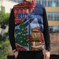 Russia Christmas Sleeveless Puffer Jacket with Santa Bear Gift Box Christmas Tree and Red Snowflake - Wonder Print Shop