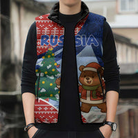 Russia Christmas Sleeveless Puffer Jacket with Santa Bear Gift Box Christmas Tree and Red Snowflake - Wonder Print Shop