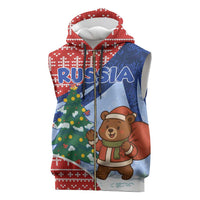 Russia Christmas Sleeveless Zip Hoodie with Santa Bear Gift Box Christmas Tree and Red Snowflake - Wonder Print Shop