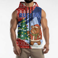 Russia Christmas Sleeveless Zip Hoodie with Santa Bear Gift Box Christmas Tree and Red Snowflake - Wonder Print Shop