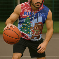 Russia Christmas Sleeveless Zip Hoodie with Santa Bear Gift Box Christmas Tree and Red Snowflake - Wonder Print Shop