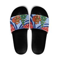 Russia Christmas Slide Sandals with Santa Bear Gift Box Christmas Tree and Red Snowflake - Wonder Print Shop