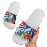 Russia Christmas Slide Sandals with Santa Bear Gift Box Christmas Tree and Red Snowflake - Wonder Print Shop