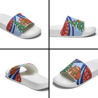 Russia Christmas Slide Sandals with Santa Bear Gift Box Christmas Tree and Red Snowflake - Wonder Print Shop