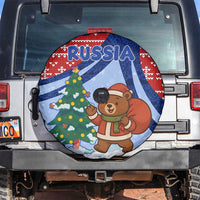 Russia Christmas Spare Tire Cover with Santa Bear Gift Box Christmas Tree and Red Snowflake - Wonder Print Shop