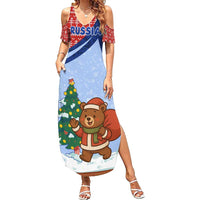 Russia Christmas Summer Maxi Dress with Santa Bear Gift Box Christmas Tree and Red Snowflake - Wonder Print Shop