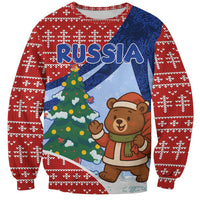 Russia Christmas Sweatshirt with Santa Bear Gift Box Christmas Tree and Red Snowflake - Wonder Print Shop