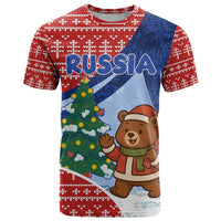 Russia Christmas T Shirt with Santa Bear Gift Box Christmas Tree and Red Snowflake - Wonder Print Shop