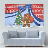 Russia Christmas Tapestry with Santa Bear Gift Box Christmas Tree and Red Snowflake - Wonder Print Shop