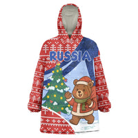 Russia Christmas Wearable Blanket Hoodie with Santa Bear Gift Box Christmas Tree and Red Snowflake - Wonder Print Shop