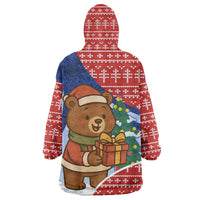 Russia Christmas Wearable Blanket Hoodie with Santa Bear Gift Box Christmas Tree and Red Snowflake - Wonder Print Shop