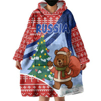 Russia Christmas Wearable Blanket Hoodie with Santa Bear Gift Box Christmas Tree and Red Snowflake - Wonder Print Shop