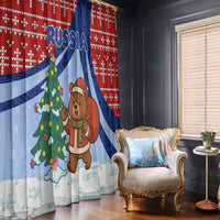 Russia Christmas Window Curtain with Santa Bear Gift Box Christmas Tree and Red Snowflake - Wonder Print Shop