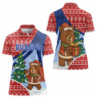 Russia Christmas Women Polo Shirt with Santa Bear Gift Box Christmas Tree and Red Snowflake - Wonder Print Shop