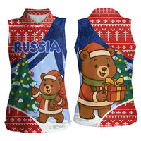 Russia Christmas Women Sleeveless Polo Shirt with Santa Bear Gift Box Christmas Tree and Red Snowflake - Wonder Print Shop
