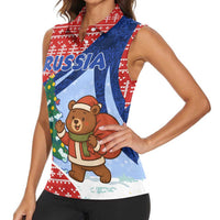 Russia Christmas Women Sleeveless Polo Shirt with Santa Bear Gift Box Christmas Tree and Red Snowflake - Wonder Print Shop