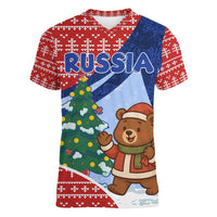 Russia Christmas Women V-Neck T-Shirt with Santa Bear Gift Box Christmas Tree and Red Snowflake - Wonder Print Shop