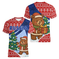 Russia Christmas Women V-Neck T-Shirt with Santa Bear Gift Box Christmas Tree and Red Snowflake - Wonder Print Shop