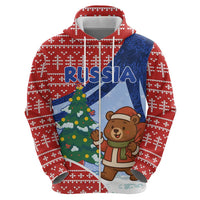 Russia Christmas Zip Hoodie with Santa Bear Gift Box Christmas Tree and Red Snowflake - Wonder Print Shop