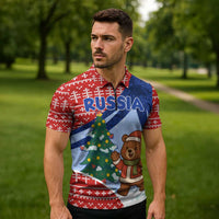 Russia Christmas Zipper Polo Shirt with Santa Bear Gift Box Christmas Tree and Red Snowflake - Wonder Print Shop