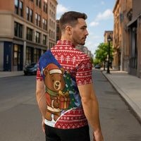 Russia Christmas Zipper Polo Shirt with Santa Bear Gift Box Christmas Tree and Red Snowflake - Wonder Print Shop