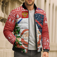 Russia Christmas Bomber Puffer Jacket with Dancing Santa Christmas Tree Lights and Red Snowflake - Wonder Print Shop