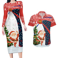Russia Christmas Couples Matching Long Sleeve Bodycon Dress and Hawaiian Shirt with Dancing Santa Christmas Tree Lights and Red Snowflake - Wonder Print Shop