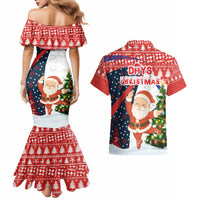 Russia Christmas Couples Matching Mermaid Dress and Hawaiian Shirt with Dancing Santa Christmas Tree Lights and Red Snowflake - Wonder Print Shop