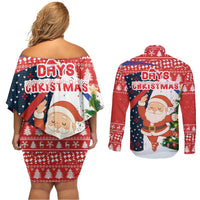 Russia Christmas Couples Matching Off Shoulder Short Dress and Long Sleeve Button Shirt with Dancing Santa Christmas Tree Lights and Red Snowflake - Wonder Print Shop