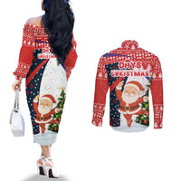 Russia Christmas Couples Matching Off The Shoulder Long Sleeve Dress and Long Sleeve Button Shirt with Dancing Santa Christmas Tree Lights and Red Snowflake - Wonder Print Shop