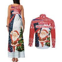 Russia Christmas Couples Matching Tank Maxi Dress and Long Sleeve Button Shirt with Dancing Santa Christmas Tree Lights and Red Snowflake - Wonder Print Shop